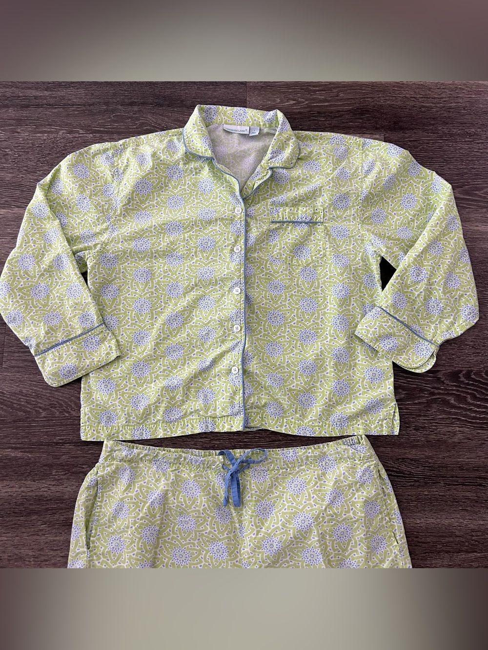 Needham Lane 100% Cotton Pajama Set Women’s L Shorts & Shirt Green Blue Print - Picture 3 of 11